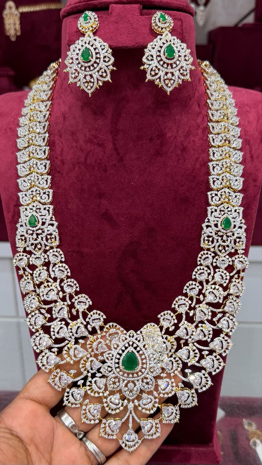 Premium Emerald Diamond Look Bridal Haram Set with Earrings | RVD Jewels