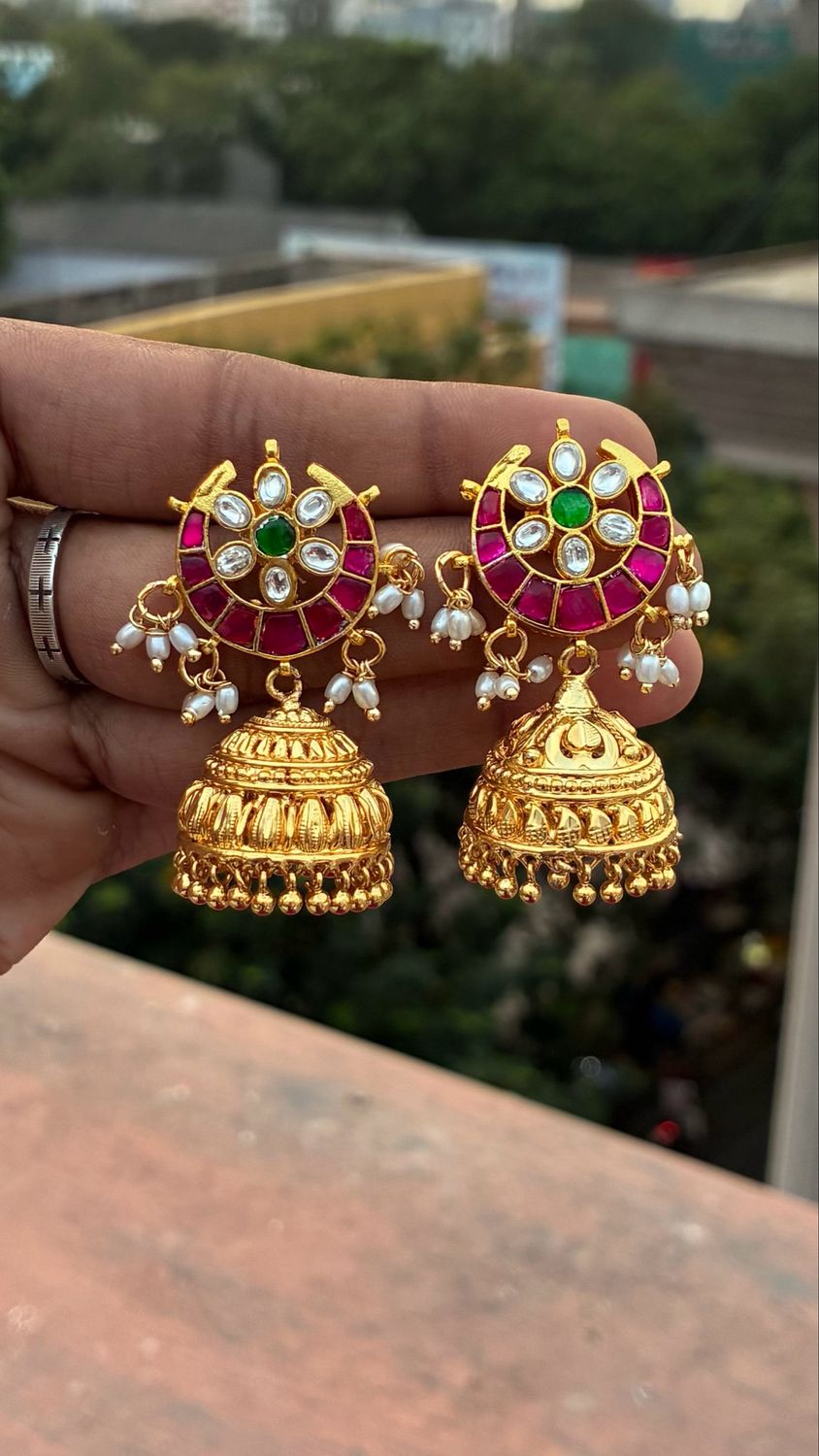 Jadau Chand Bali With Gold Muvva Jumkas