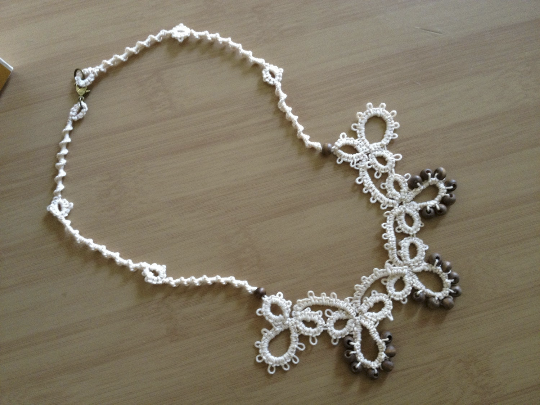 Tatted Ecru Fantasy Necklace and sandalwood beads.