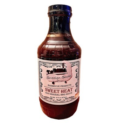 One 16 ounce glass bottle of Sweet Heat, Our Original BBQ Sauce.