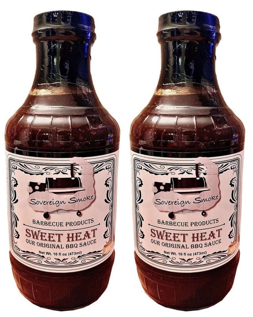 Two 16 ounce glass bottles of Sweet Heat, Our Original BBQ Sauce.