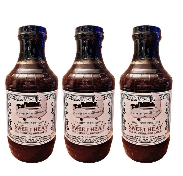 Three 16 ounce glass bottles of Sweet Heat, Our Original BBQ Sauce.