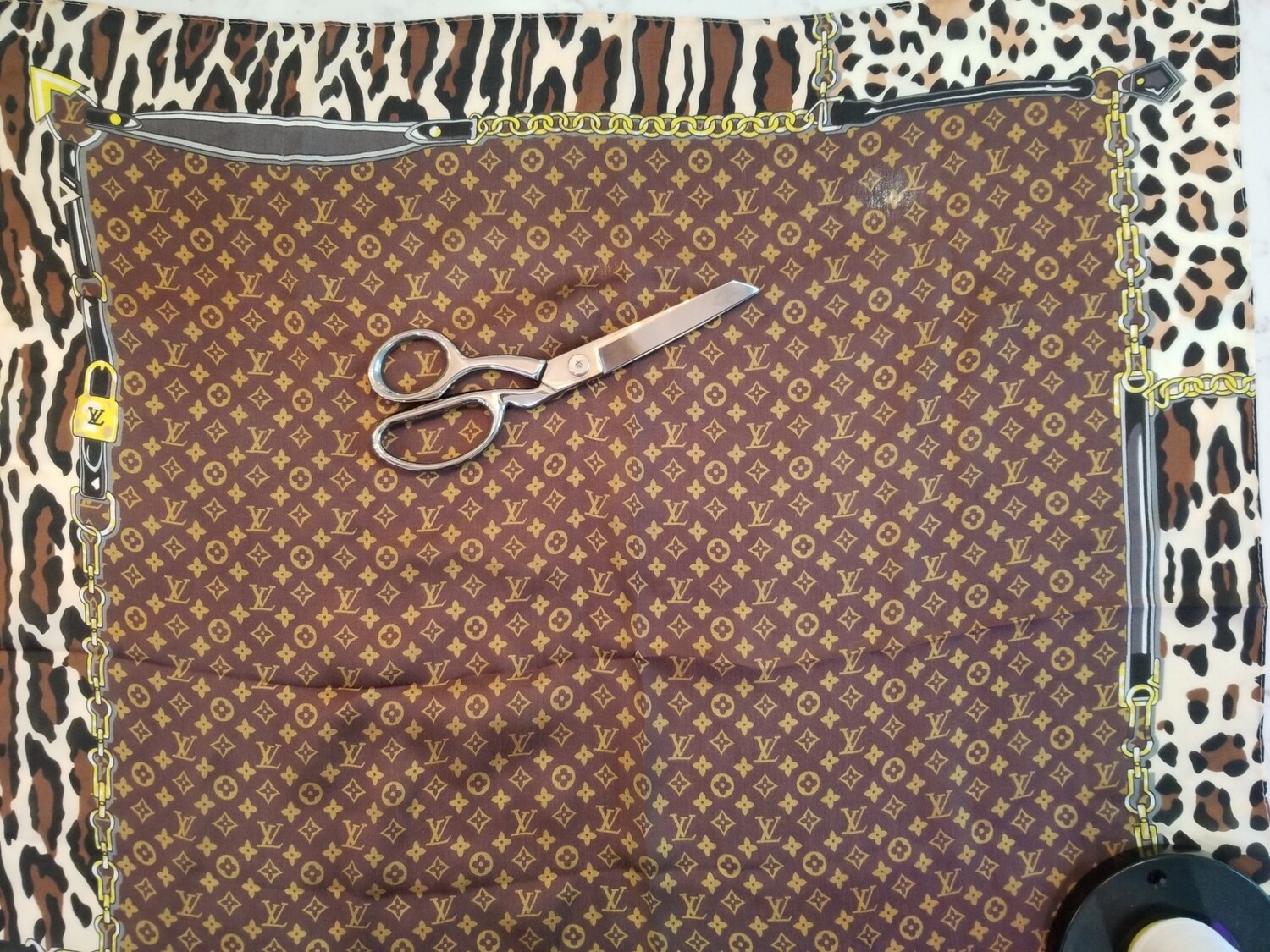 Authentic Louis Vuitton Silk- Classic Logo w/ Locks, Chains,Animal Print Mask
