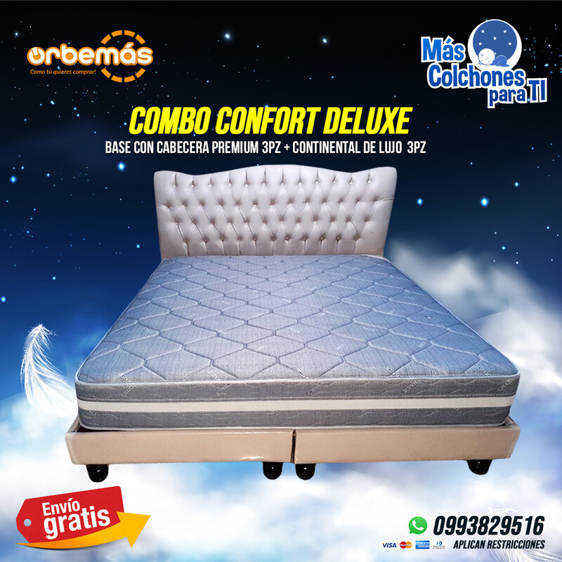 COMBO CONFORT DELUXE Base con Cabecero Premium 3P + CONTINATAL DE LUJO 3 PLAZAS