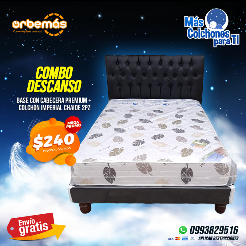 COMBO DESCANSO Base con Cabecero Premium 2P + CHAIDE IMPERIAL TRADICIONAL 2 PLAZAS