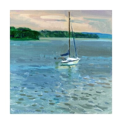 White Sailboat in Changing Weather   oil on linen panel 10"x10"