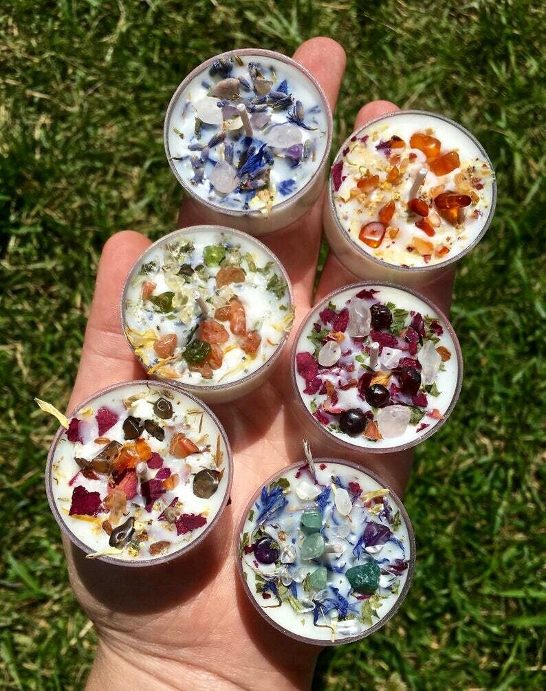 Crystals &amp; Herbs Tealight Candles Soy - Energy Candles handmade - Aromatherapy Candles - soy candle - Healing crystals - Custom candles