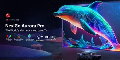 NexiGo Aurora Pro PJ92 Tri-Color UST Laser Projector + Vividstorm S Pro 110 inch electric tensioned floor screen (black)