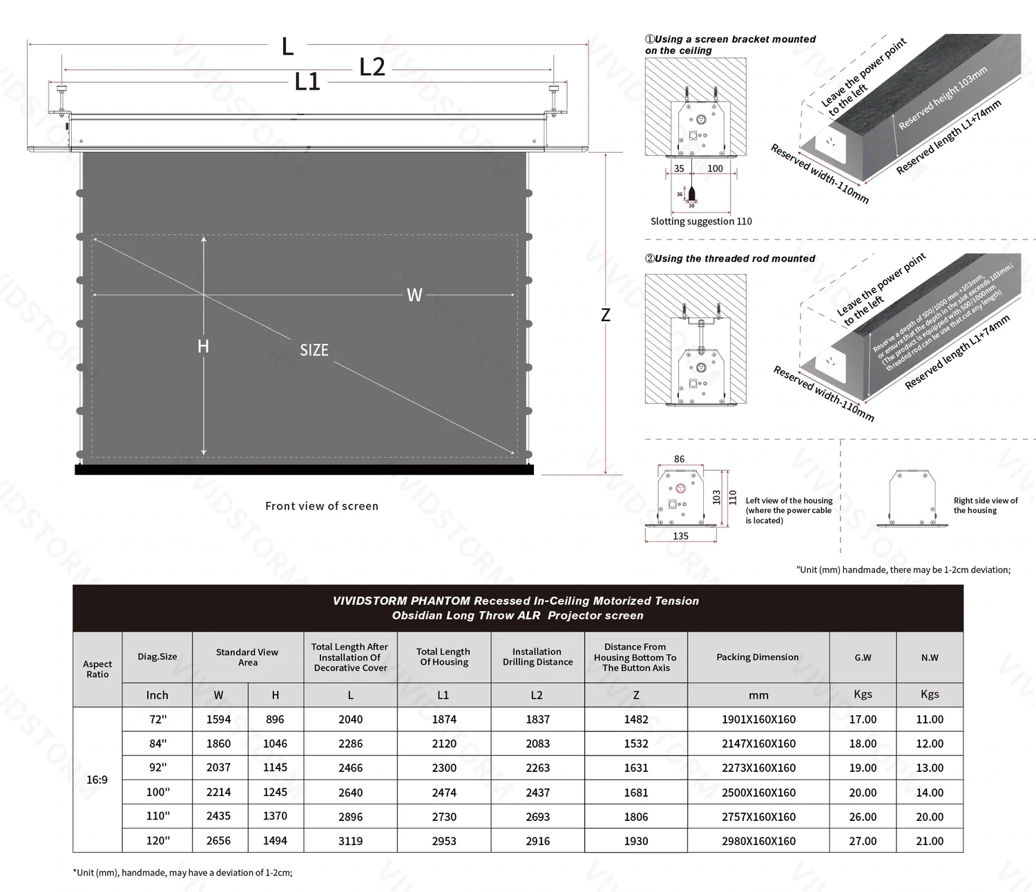 Vividstorm Phantom 110" Recessed In-Ceiling Motorized Obsidian ALR Screen (white)