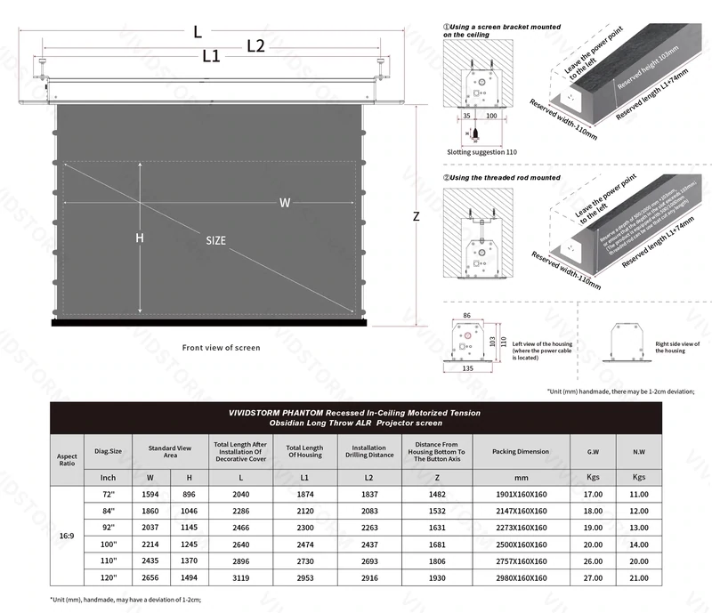 Vividstorm Phantom 92" Recessed In-Ceiling Motorized Obsidian ALR Screen (black casing))