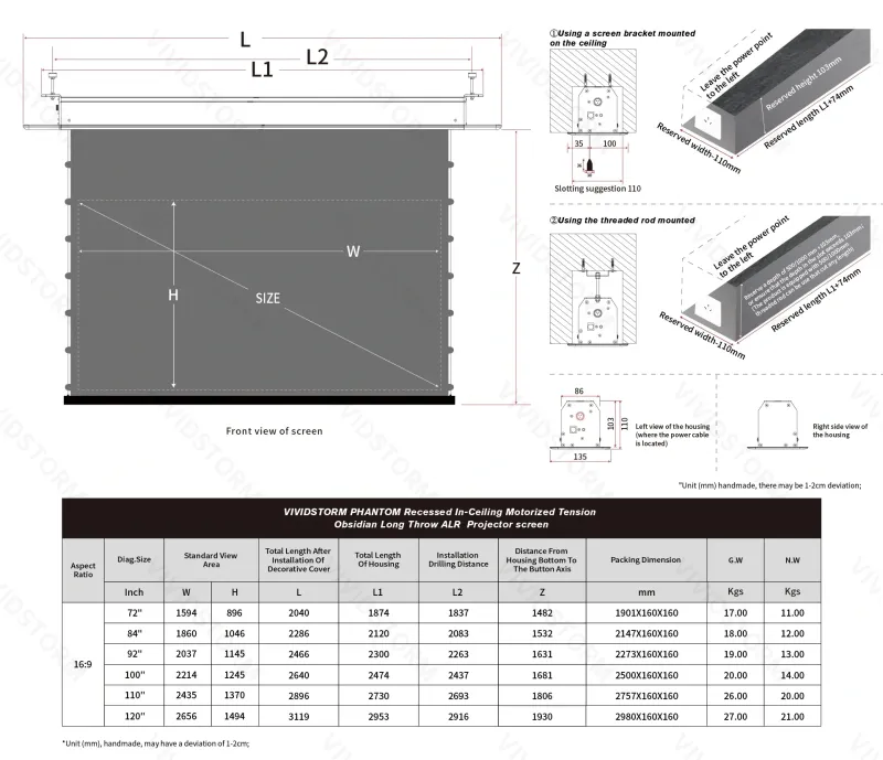 Vividstorm Phantom 84" Recessed In-Ceiling Motorized Obsidian ALR Screen (white)