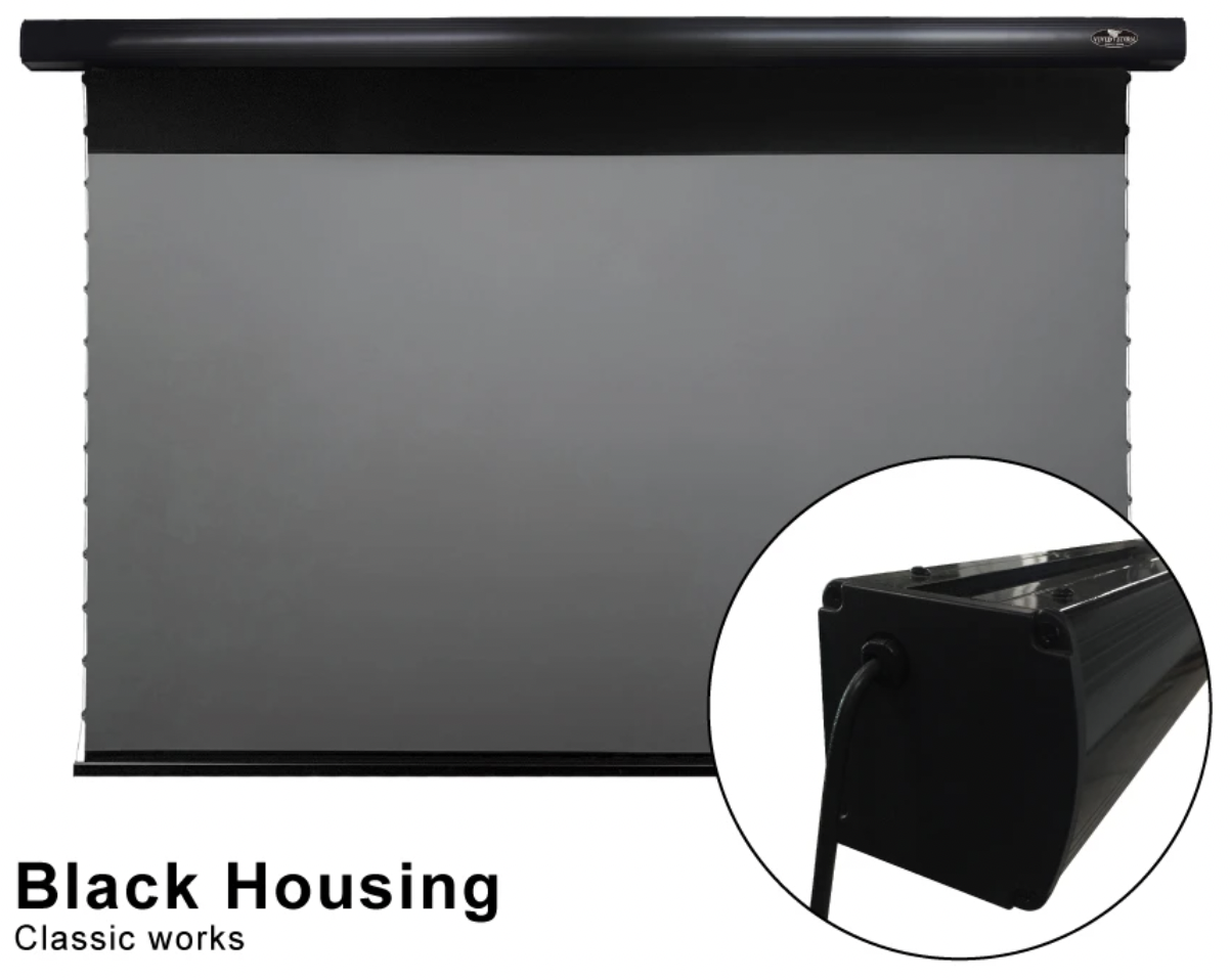 Vividstorm Pro A 100" Electric Slimline Tab-Tensioned Drop Down Screen (Black) with 60cm black border