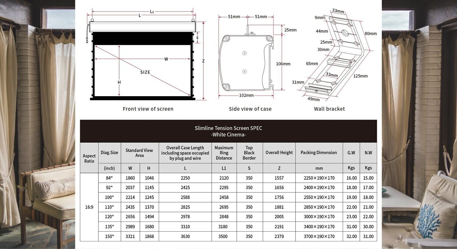 Vividstorm 120 Vividstorm 120" White Cinema Perforated Slimline Motorzed Tension Drop Down Screen (White Case)
