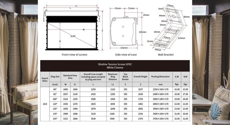 Vividstorm 120" White Cinema Perforated Slimline Motorzed Tension Drop Down Screen (White Case)