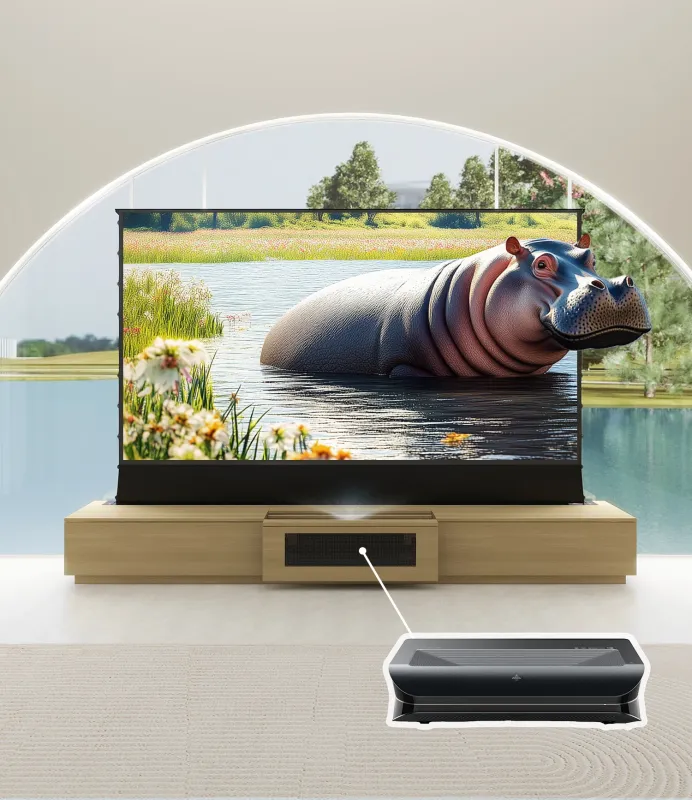Monte Carlo 100 inch Oak Cabinet + Hisense L9Q Triple Laser 4K Ultra Short Throw Projector - 5000 ANSI Lumen UST (Vidaa Version) + Vividstorm S Pro 100" electric tensioned floor screen (black)