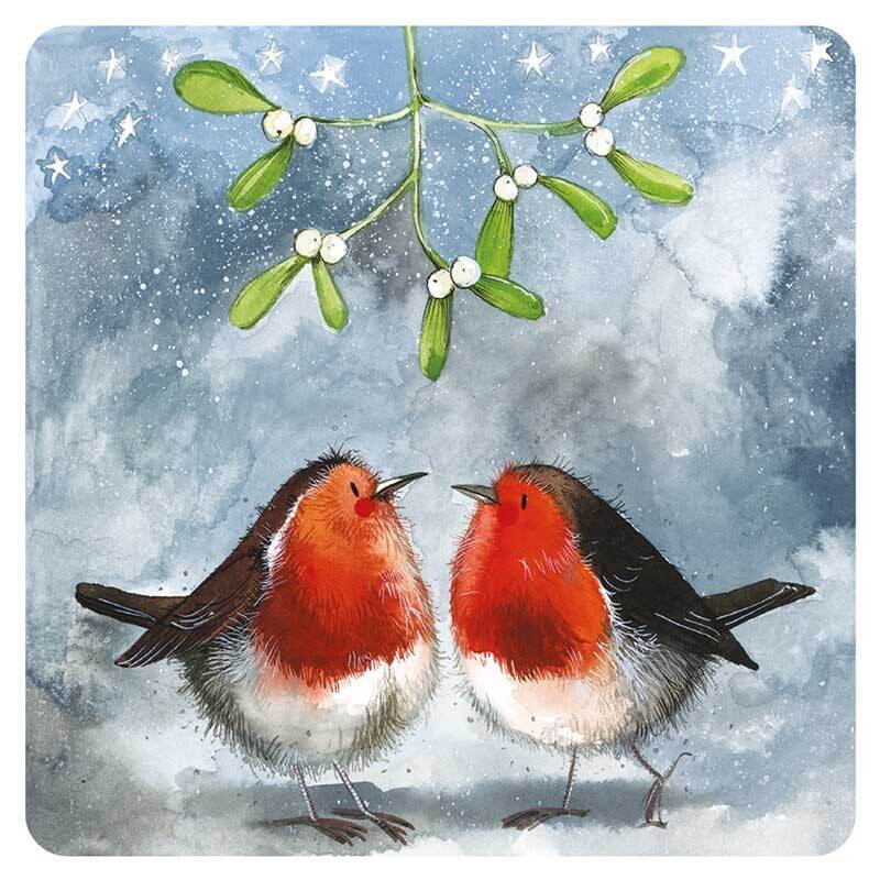 Alex Clark Robins and Mistletoe Christmas Coaster