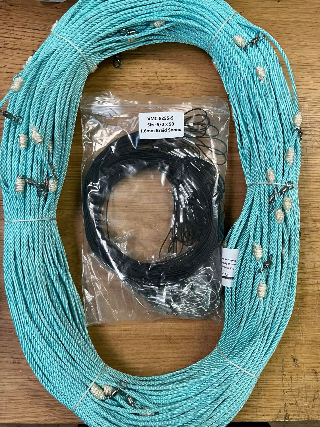 Sea Steel Rope Long Line, Size: Rope L/Line - 200m x  50 swivels + 8255 #5/0 on 1.6mm Black Braid Snoods x 50 - £98.22