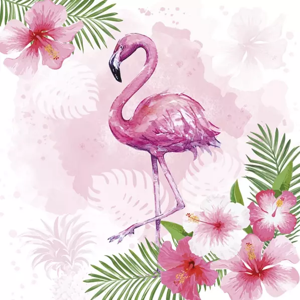 Watercolour Flamingo with Hibiscus