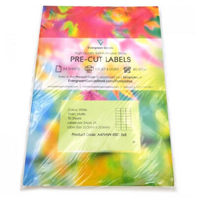 A4 Pre-Cut Multi Matte White Paper Labels (3x8, 24 Labels per Sheets)