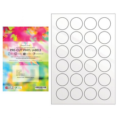 A4 Waterproof Ø40mm Circle Pre-Cut Glossy White Vinyl Multi Labels (4x6, 24 Labels per Sheets)