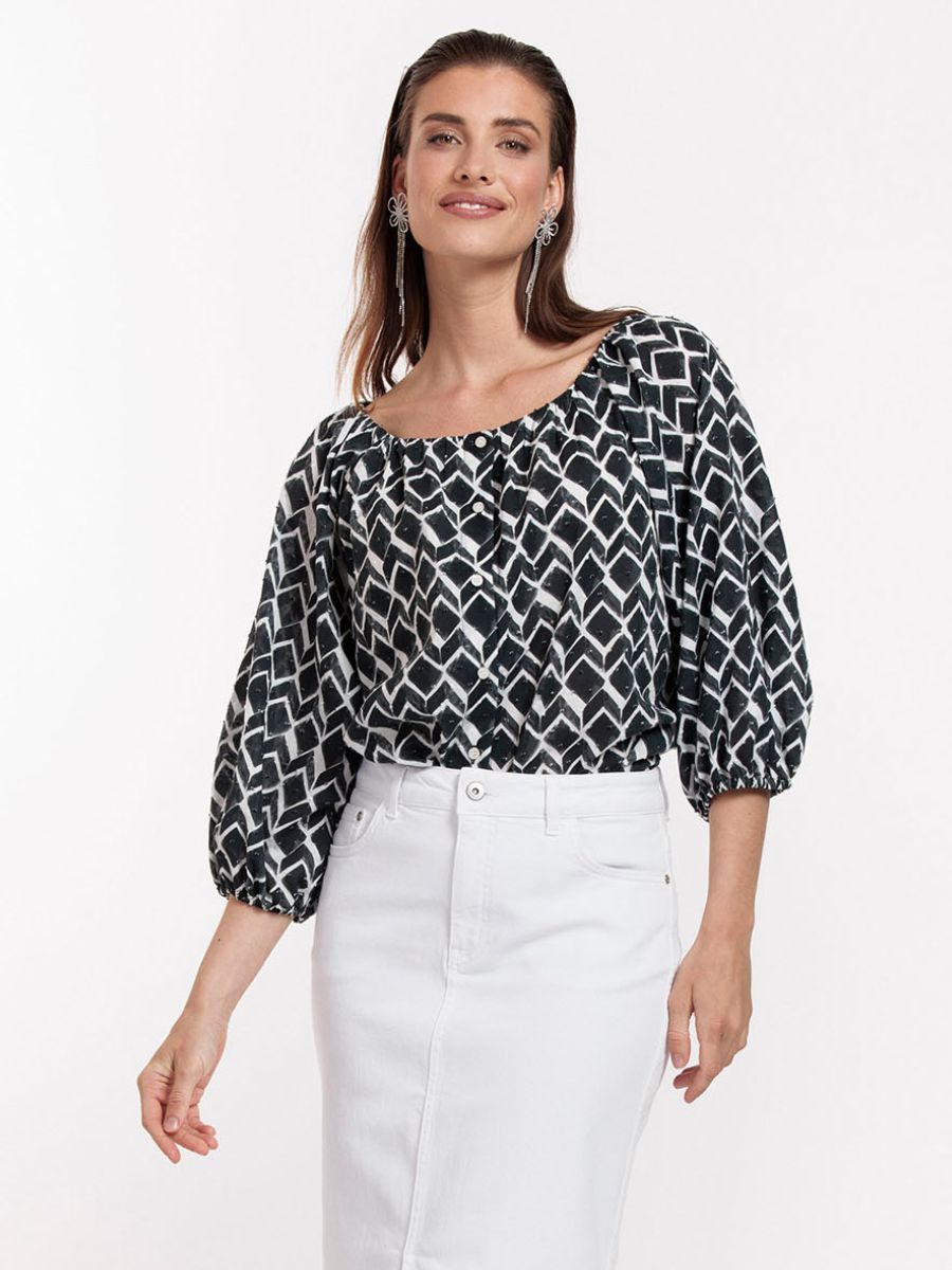 HAZEL GRAPHIC POPLIN TOP black/off white | STUDIO ANNELOES HAZEL GRAPHIC POPLIN TOP black/off white | STUDIO ANNELOES