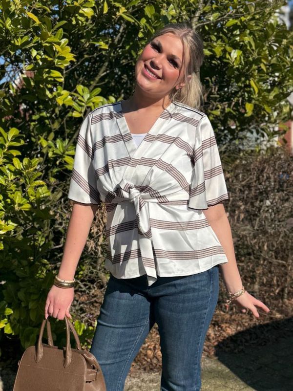 Blouse top v-neck stripe offwhite taupe black | Zip73