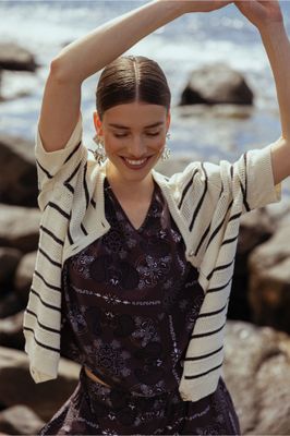 Yara stripe cardigan ecru/espresso | Studio Anneloes Yara stripe cardigan ecru/espresso | Studio Anneloes