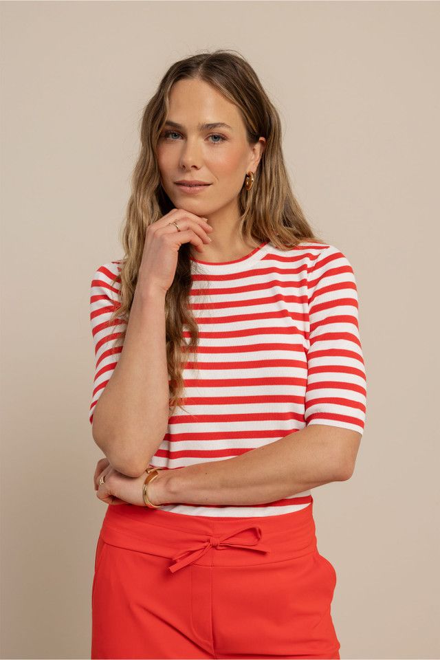 Luna stripe pullover SL coral red/offwhite | Studio Anneloes Luna stripe pullover SL coral red/offwhite | Studio Anneloes