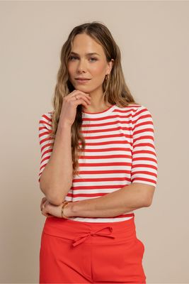 Luna stripe pullover SL coral red/offwhite | Studio Anneloes Luna stripe pullover SL coral red/offwhite | Studio Anneloes