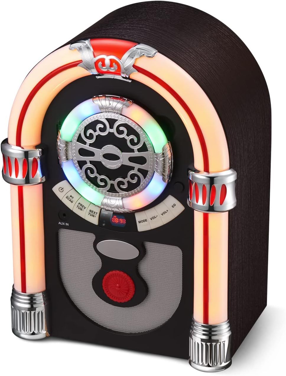 Rockola retro de mesa con Bluetooth y radio FM.