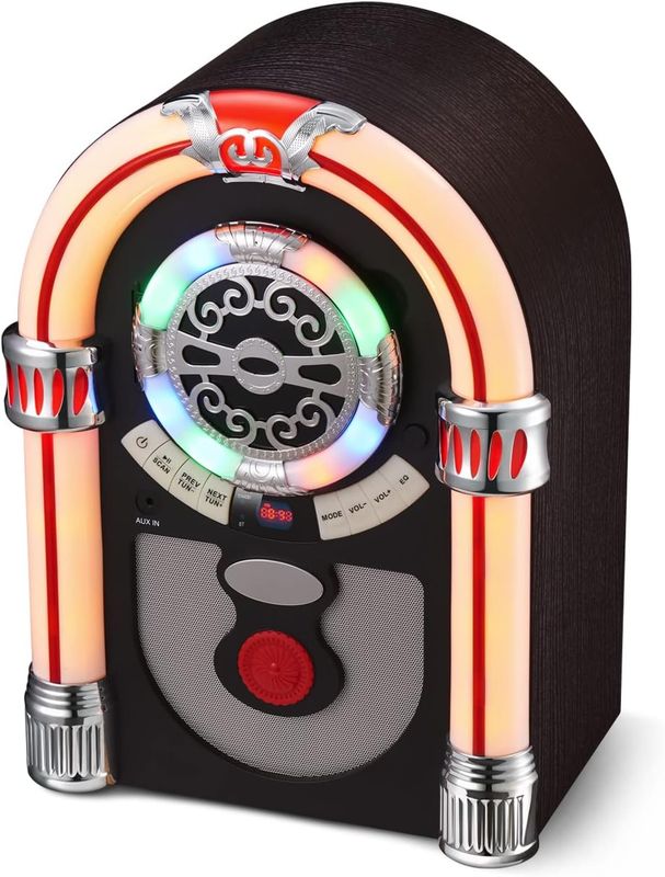 Rockola retro de mesa con Bluetooth y radio FM.