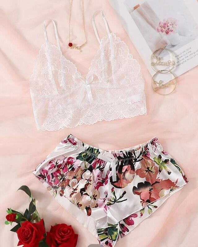 Floral silk shorts mesh top