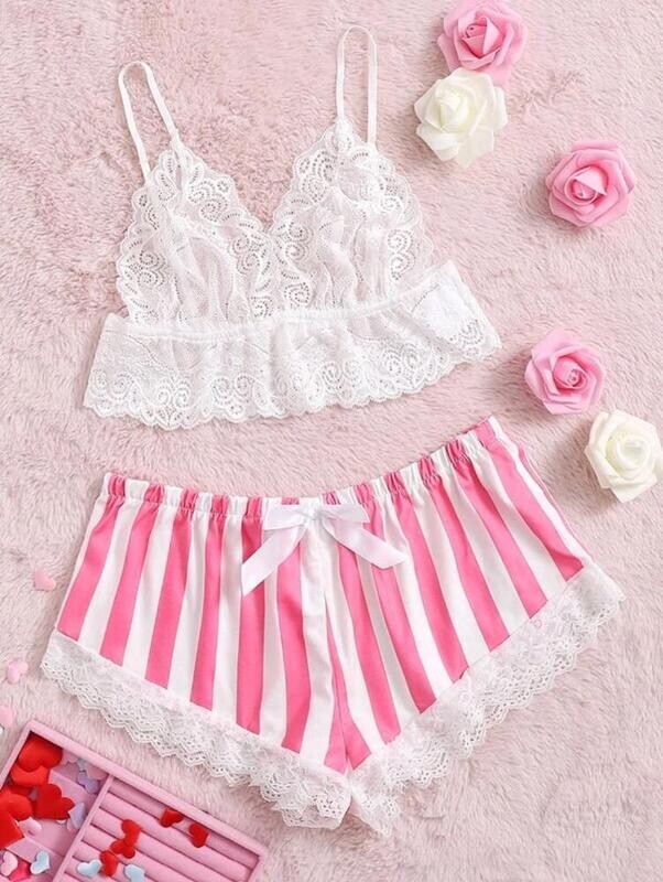 Striped satin shorts set