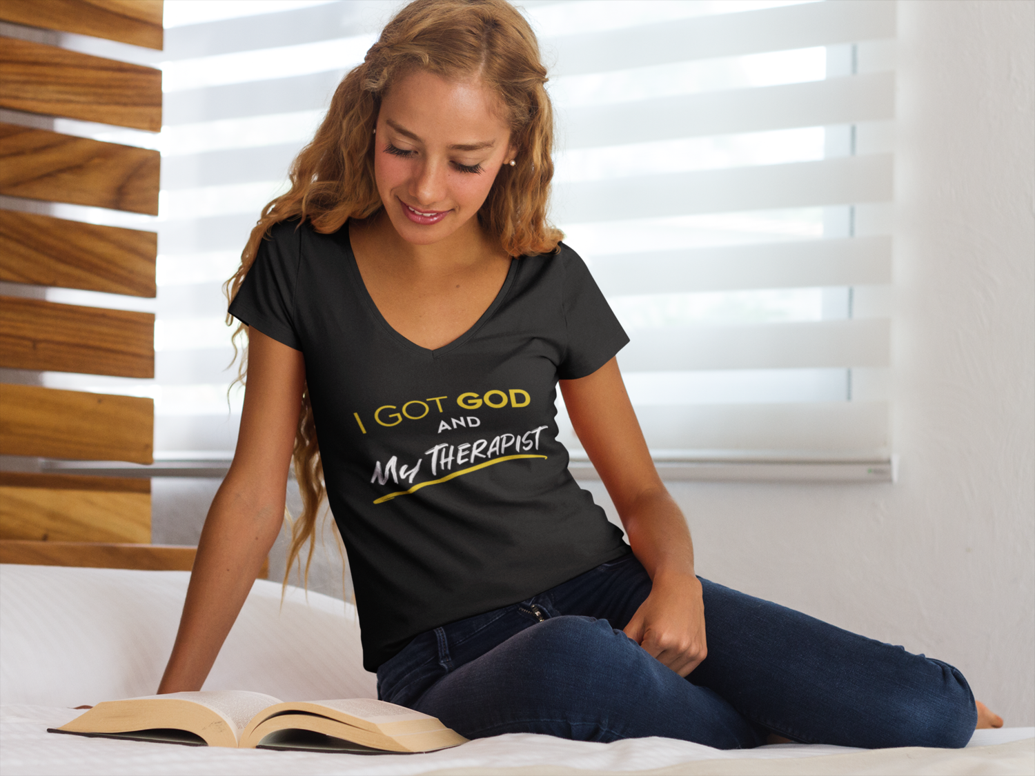 "I Got God And My Therapist" V-Neck T-Shirt