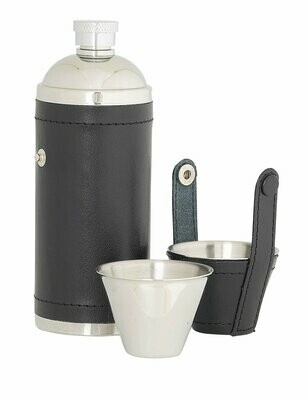 8oz Leather Sportsman Flask With Cups