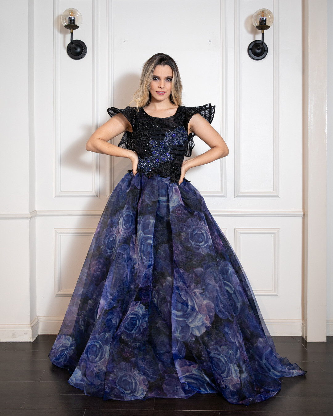 Vestido largo - Negro / azules - Talla 42