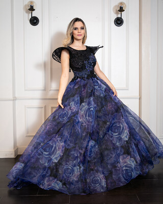 Vestido largo - Negro / azules - Talla 42