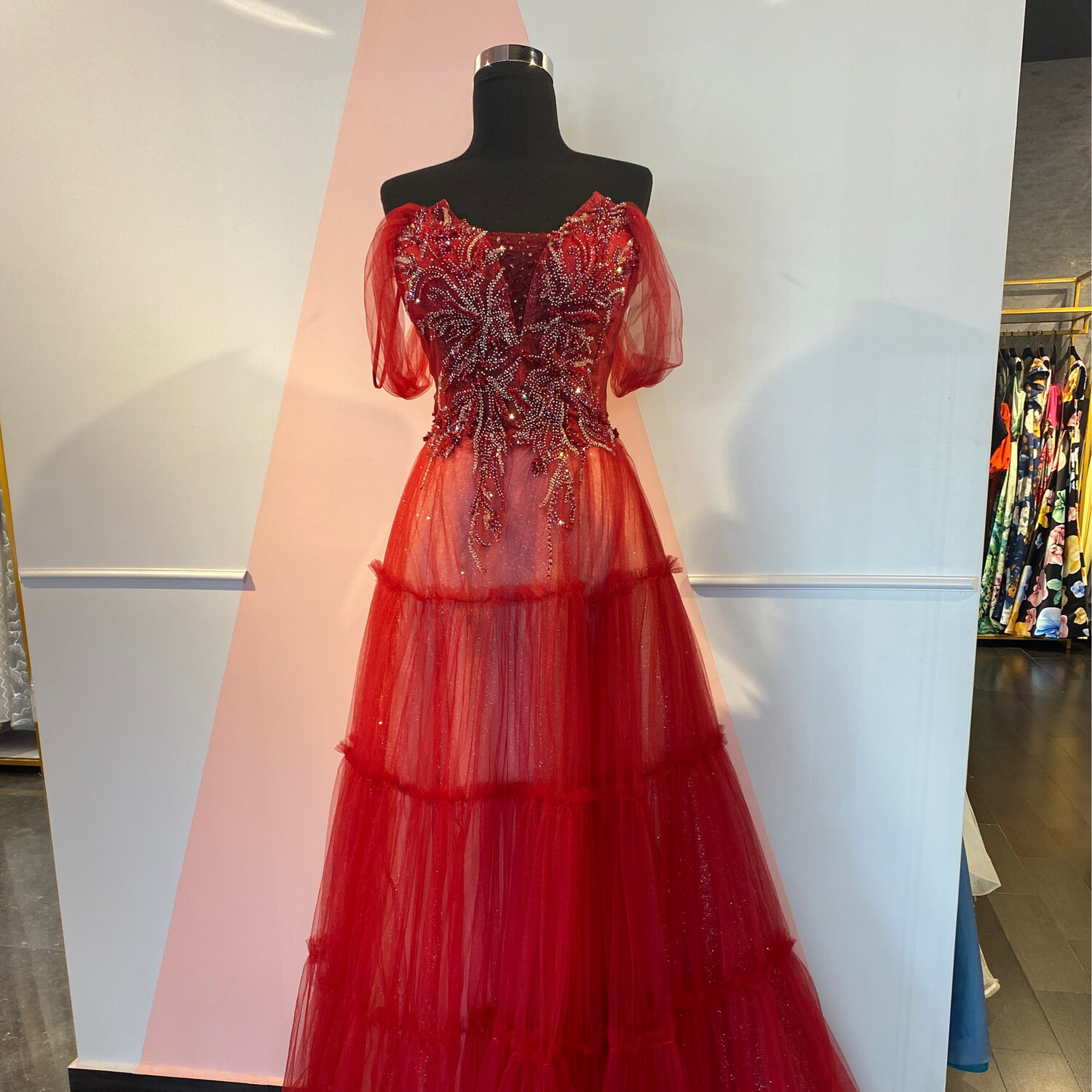 VESTIDO LARGO 	COLOR	ROJO	VINO	RED WINE	DE	TALLA:	42	EU	/	10	US