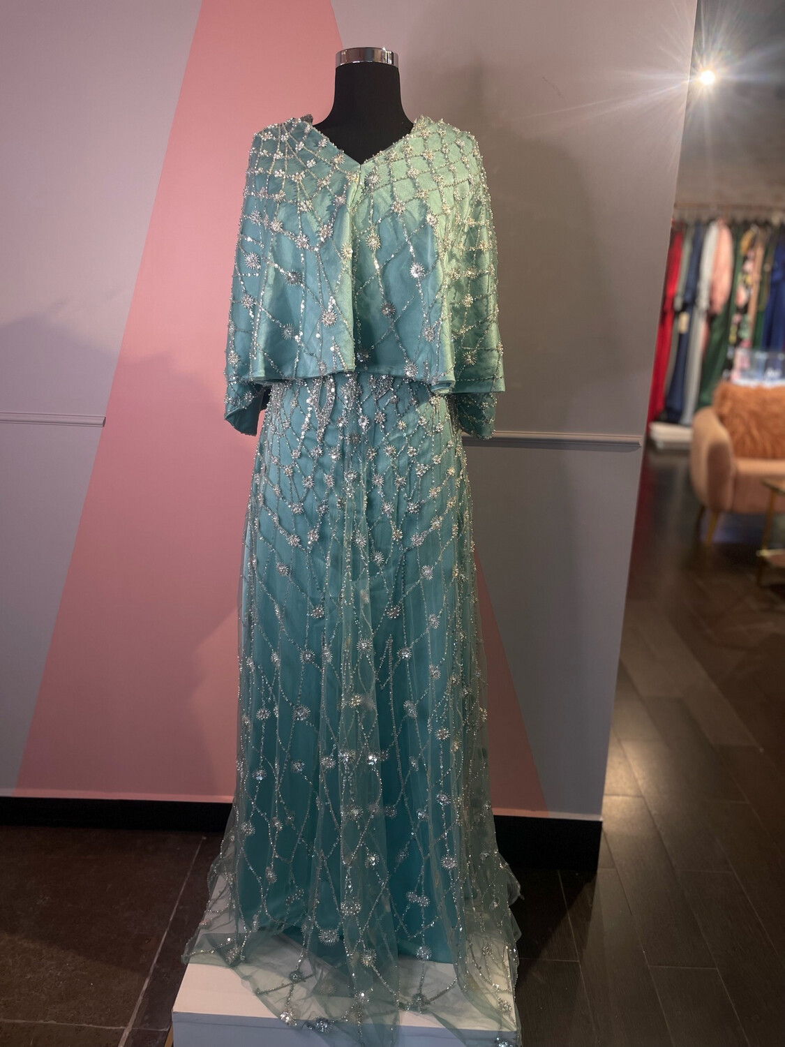 Vestido Largo menta con chal