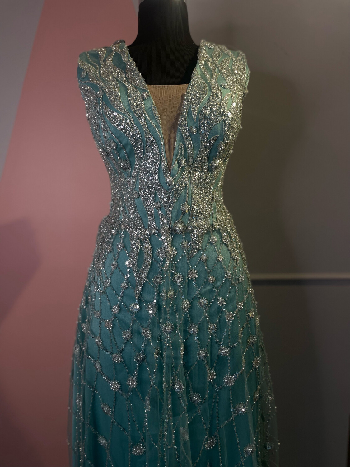 Vestido Largo menta con chal