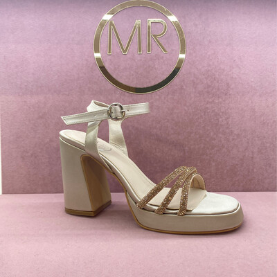 SANDALIA ROSE GOLD- ABIERTA DE 3 LINEAS CON BRILLANTES - TACON DE 10 CM / PLATAFORMA DE CM