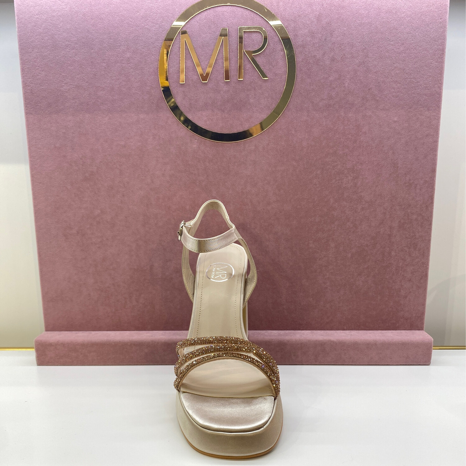 SANDALIA ROSE GOLD- ABIERTA DE 3 LINEAS CON BRILLANTES - TACON DE 10 CM / PLATAFORMA DE CM