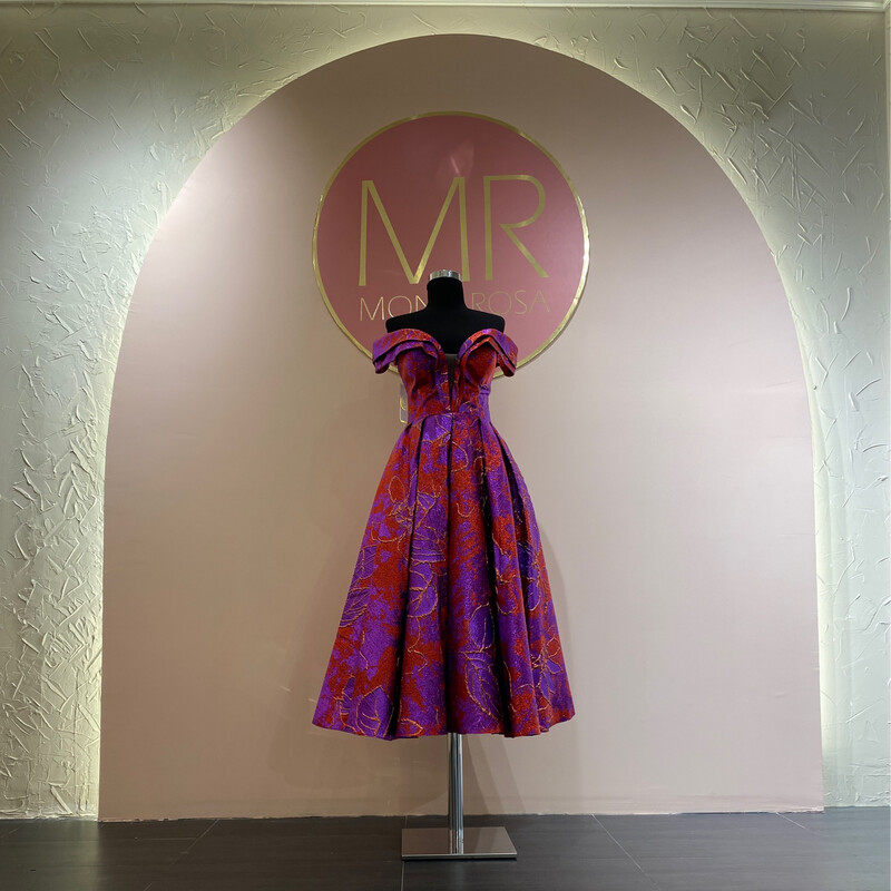 red with fuchsia,	midi dress.