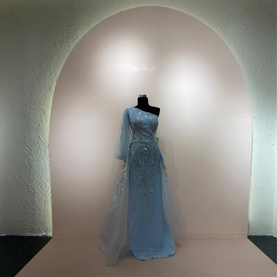 One-shoulder light blue Gown