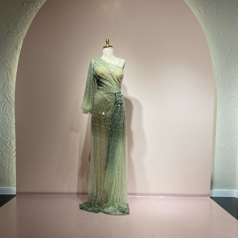 One-shoulder Green Gown