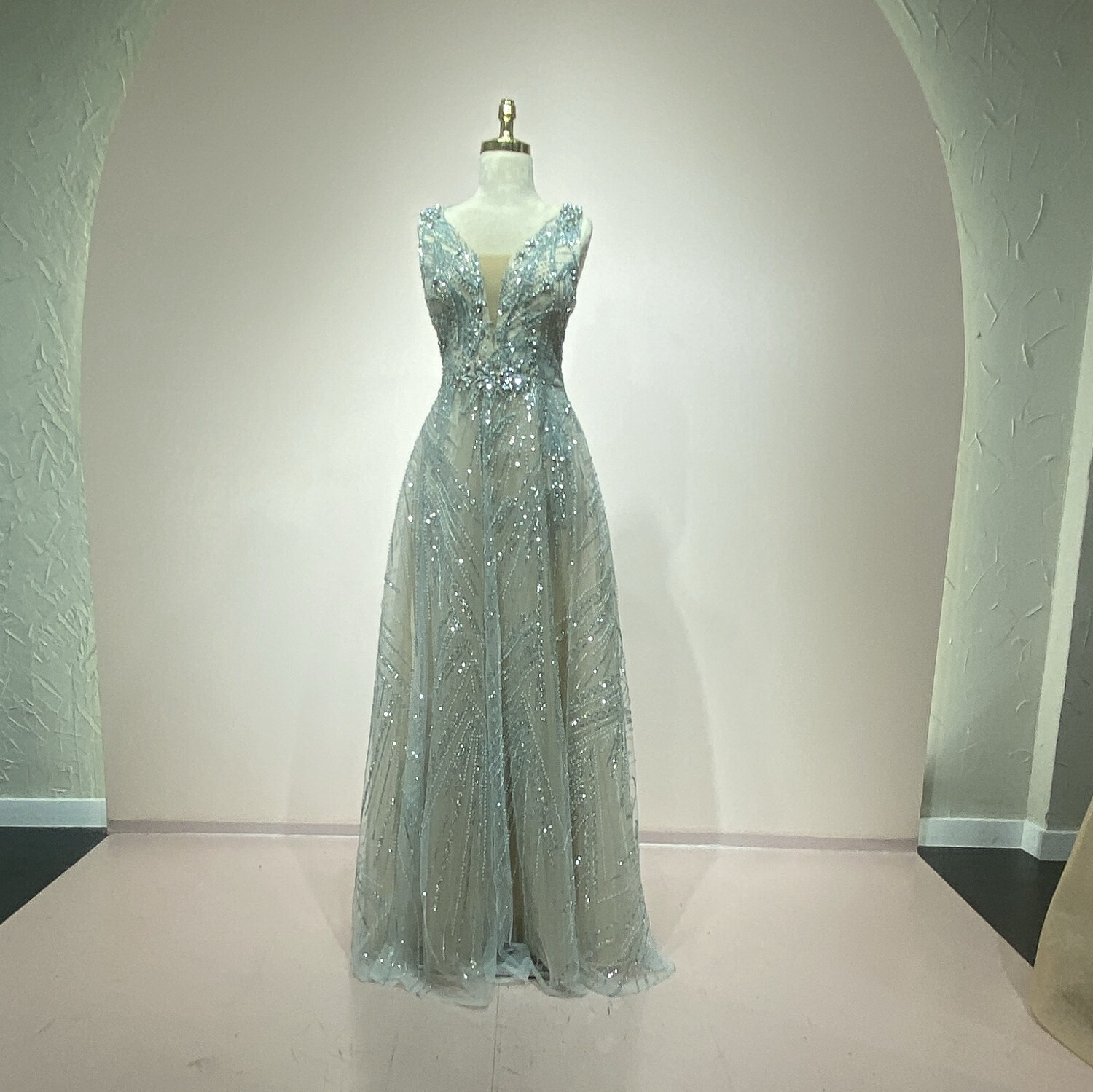 Vestido largo, color verde con crema. Talla S