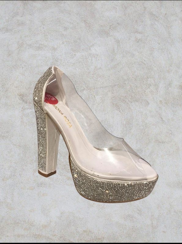 Zapato de Tacon transparente -  Blanco con brillantes