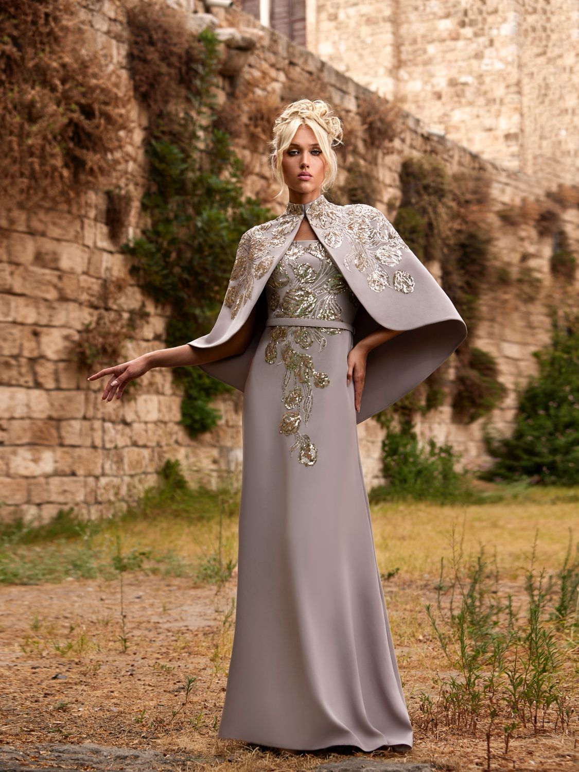 Grey-Beige Cape Gown