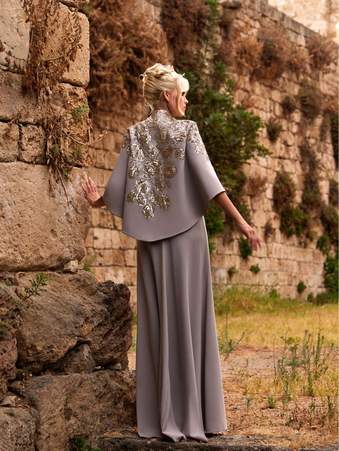 Grey-Beige Cape Gown