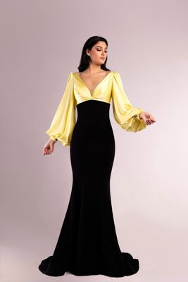Vestido Largo,	Negro - Amarillo palido	,Talla	48